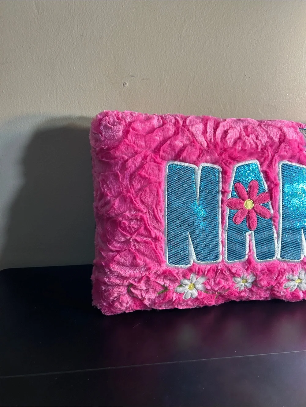 Pink Plush 'NANA' Pillow with Blue Glitter Letters